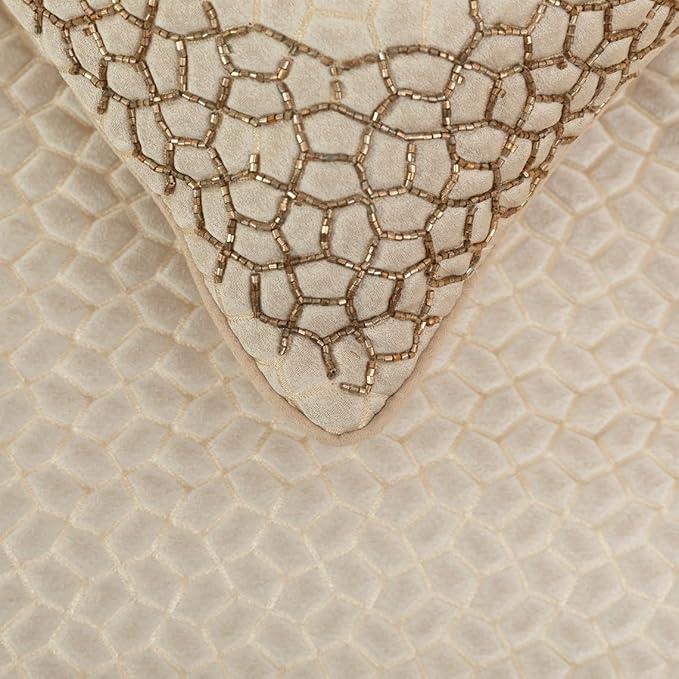 The HomeCentric King/Queen/Twin Ivory & Gold Decorative Twin 53"x18" Bed Runner with 2 Pillow Cover, Mosaic & Beaded Bed Scarf on Jacquard Fabric - Tessellation
