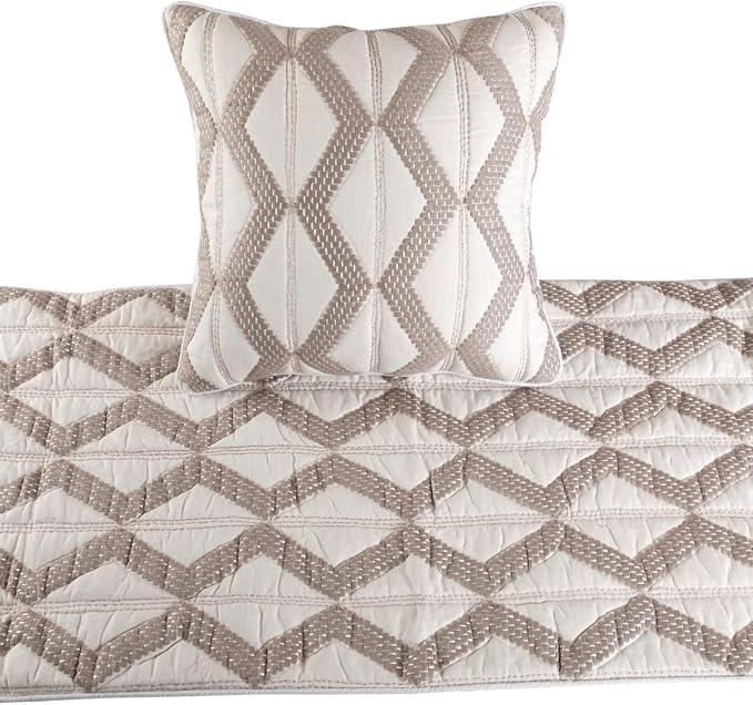 The HomeCentric Ivory Bed Runner Without Pillow Cover, Twin Size 53"x18" Decorative Bed Runner, Ivory & Taupe Linen Bed Scarf in Quilted Pattern & Linen Embroidery - Pattern Flatter