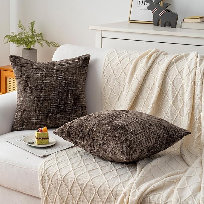 Decorative Throw Pillow Covers 18x18 Inch Set of 2, Soft Solid Farmhouse Chenille Couch Pillows, Spring Pillow Covers for Couch Sofa Bed Living Room Home Decor Pillowcase, Brown