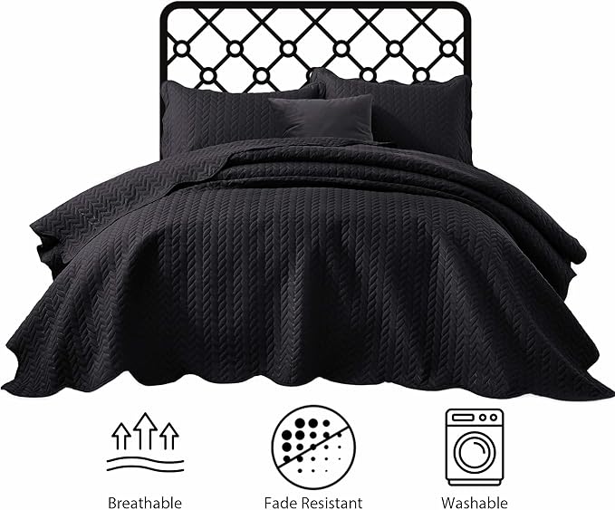 IR Imperial Rooms California King Quilt Bedding Set Size (118"x106") + 2 Pillow Shams (20" x 36"+ 2") - 3 Pcs All Season Reversible Microfiber Coverlet Embossed Quilt Bedspread (Black)