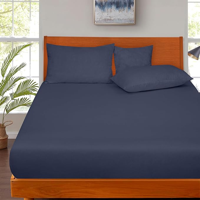 ROYALE LINENS 300 Thread Count 100% Long Staple Combed Cotton Fitted Sheet Twin XL - Super Soft Deep Pocket Bottom Sheet - Fitted Sheets Only - Elastic Sheets (Twin XL, Navy)