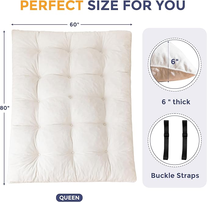 MAXYOYO Japanese Floor Mattress Queen Size, 6" Foldable Futon Mattress Tufted Roll Up Floor Bed, Thick Chenille Tatami Mat Sleeping Pad for Camping Guest Room Dormitory Bedroom RV, Beige