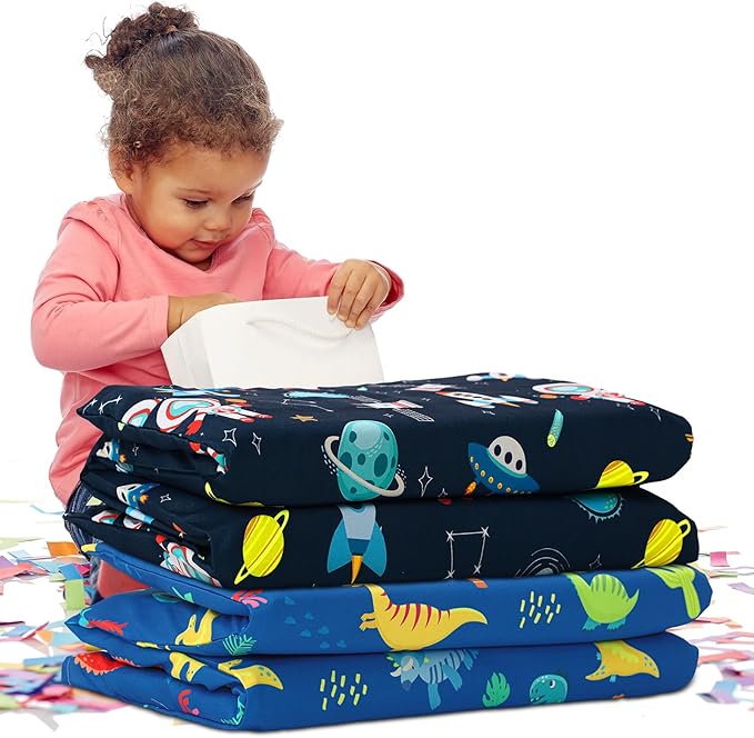 2 Pcs Dinosaurs Nap Mat Cover for Boys Girls Sewn in Flap Design Blue Sleeping Kids Astronauts Nap Mat Covers Soft Microfiber Cot Sheet for Preschool Kindergarten Toddler Daycare