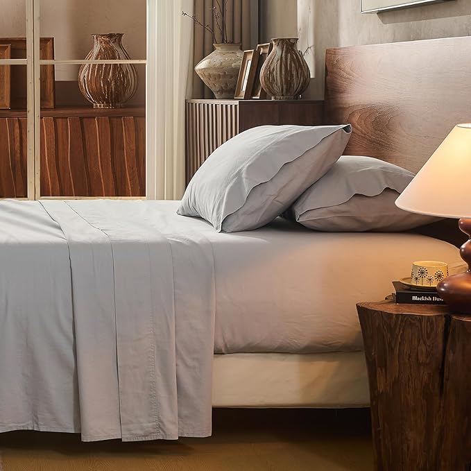 100% Linen Sheet Set Cal King Size Extra Deep Pocket Fits 18-24 Inch Mattress, Breathable & Soft, Smooth 4-Piece Set for Thick Mattresses Hotel Luxury Bedding（Cal King, Grey）