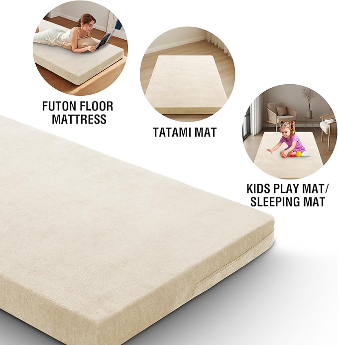 H.VERSAILTEX Queen Size Armless Futon Mattress Covers for Traditional Japanese Futon Mattress Soft Chenille Couch Slipcovers Floor Mats Sofa Protector Zippered Sleeper Sofa Cover,Beige