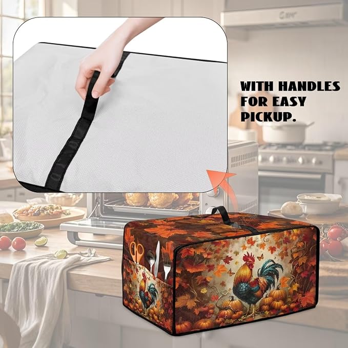 Air Fryer Toaster Oven Cover with Pockets, Stain-resistant Microwave Oven Protector for Kitchen Countertop, M, 16.5 x 20.5 x 10 Inches, Chicken Rooster Pumpkin Fall Leaves