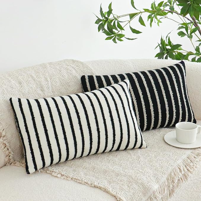 Jonhier Black Striped Lumbar Boho Throw Pillow Cover, Modern Boucle Textured Rectangle Pillowcase for Sofa Couch Bed, Neutral Farmhouse Accent Decorative Cushion Cover for Living Room, 12 x 20 inch