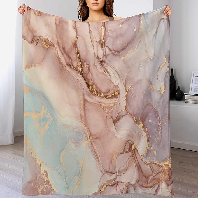 Abstract Marble Blanket, Modern Luxury Baroque Golden Pink Purple Stone Veins Pattern Soft Warm Cozy Plush Flannel Covers for Livingroom Bedroom Couch Chair Camping Travel Home Decor Tapestry 50x60in