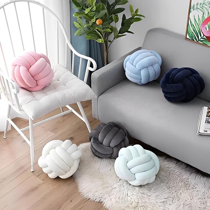 Knot Ball Pillows, Round Throw Pillow Cushion Home Decoration Soft Plush Pillow, Throw Knotted Ball Pillow Handmade Children Room Decoration Round Plush Toy Pillow (Black,8.5"/22cm)