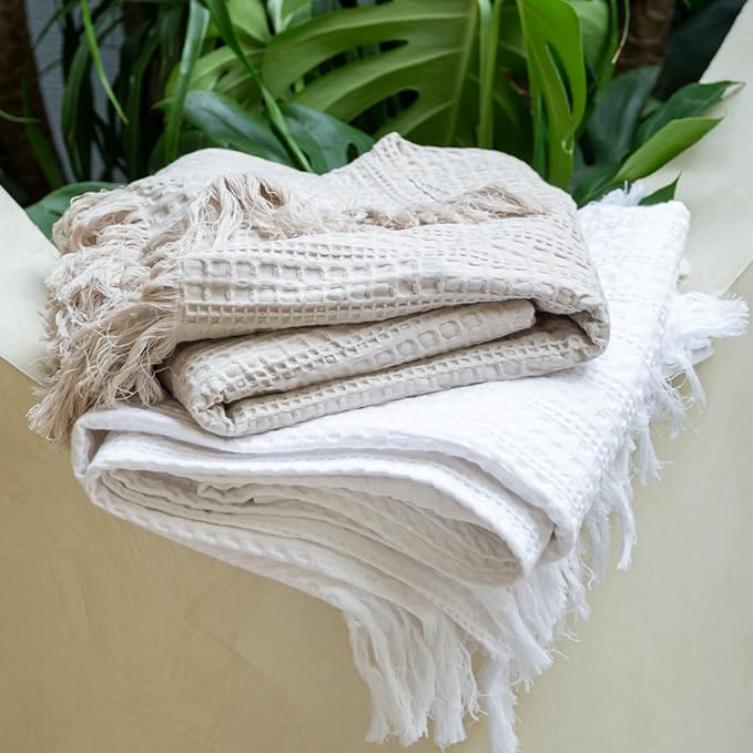 100% Cotton Waffle Blanket with Fringe, Pre-Washed Waffle Weave Blanket for All Season, Lightweight Breathable Soft Cozy Throw Blanket for Couch, Bed, Travel (White - 66x90 Inches)