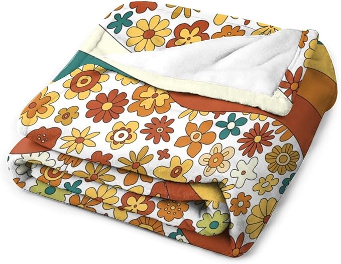 70s Retro Floral Throw Blanket, Boho Groovy Wavy Geometric Hippie Cute Flowers Yellow Orange Abstract Print Blanket for Holiday Theme Home Decor Bedding Couch and Gift 60"x80"