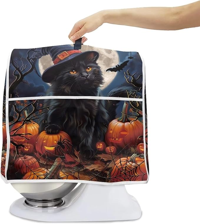 Black Cat Stand Mixer Cover 4.5-5 Quart Pumpkin Bat Kitchen Appliance Covers Dust Protection Universal for Pressure Cooker Air Fryer Halloween Kitchen Home Decorations