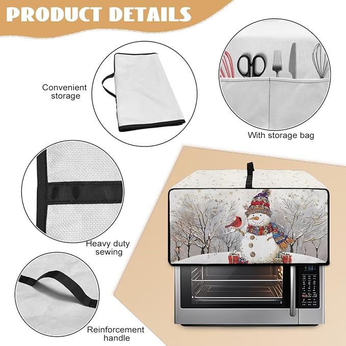 Christmas Air Fryer Toaster Oven Dust Cover Dustproof Convection Oven Cover with Pockets for Small Kitchen Appliances, L, 18.5 x 22.5 x 13 Inches, Snowman Cardinal Bird Tree Star White