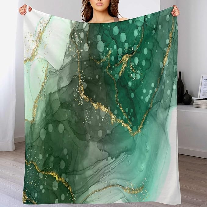 Modern Marble Blanket, Abstract Luxury Baroque Golden Lake Green Stone Veins Pattern Soft Warm Cozy Plush Flannel Covers for Livingroom Bedroom Couch Chair Camping Travel Home Decor Tapestry 50x60in
