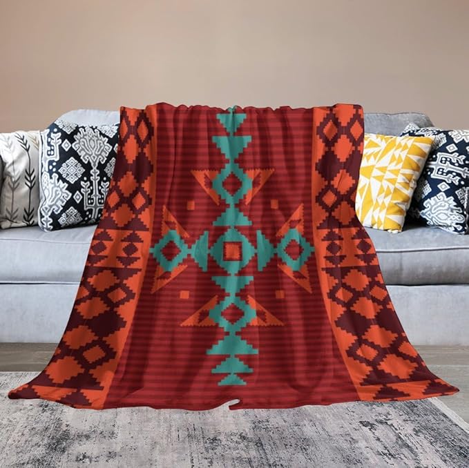 Aztec Throw Blanket, Red Native Southwestern Boho Blanket for Couch Bed Chair Outdoor Travel 50"x60"