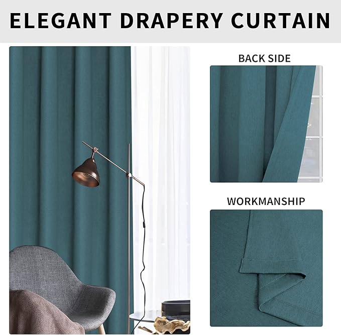 Easy-Going Linen Look Blackout Curtain 63 Inch Length Grommet Window Curtain for Bedroom, Living Room Thermal Insulated Room Darkening (Set of 2 Panels, Bluestone)