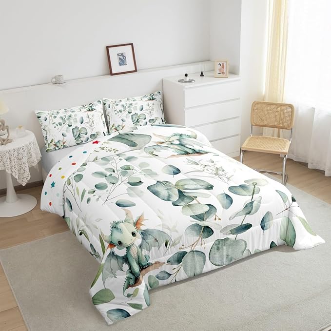 Erosebridal Boys Magic Animal Toddler Bedding Sets Cute Dragon Comforter Set, Cartoon Wildlife Bedding Comforter Sets Green Leaf Duvet Insert, Spring Plant Down Comforter Child Kids Bedroom Decor
