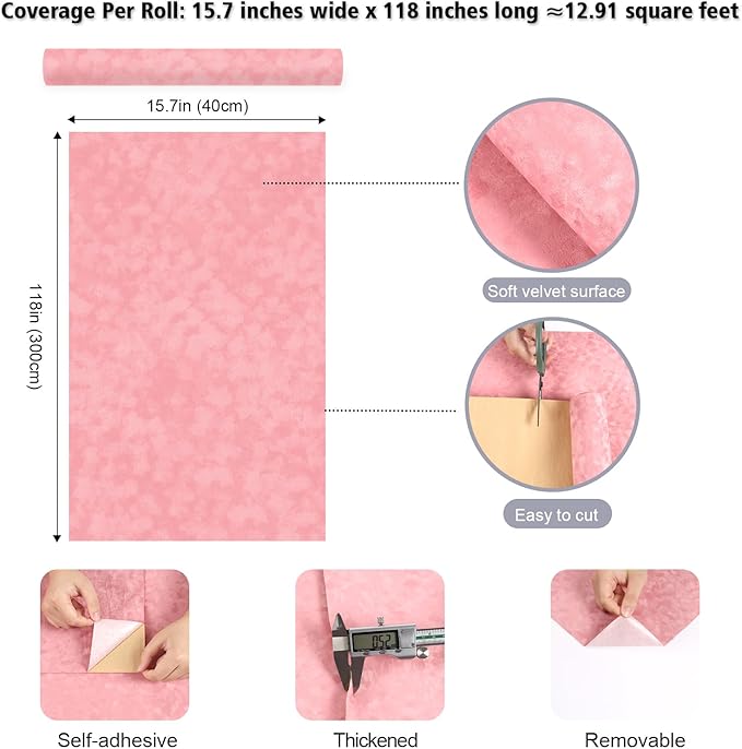 Coral Pink Drawer Liner Self Adhesive Velvet Flocking Liner for Jewelry Box Thick Felt Fabric Roll Soft Pink Velvet Wallpaper Peel and Stick for Cabinets Dressers Shelf Liners 15.7"x118"