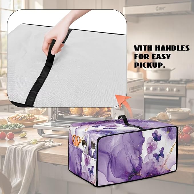 Countertop Microwave Oven Cover with Side Pockets, Dust Protection Small Appliance Toaster Ovens Dust Cover, M, 16.5 x 20.5 x 10 Inches, Violet White Marble Butterfly