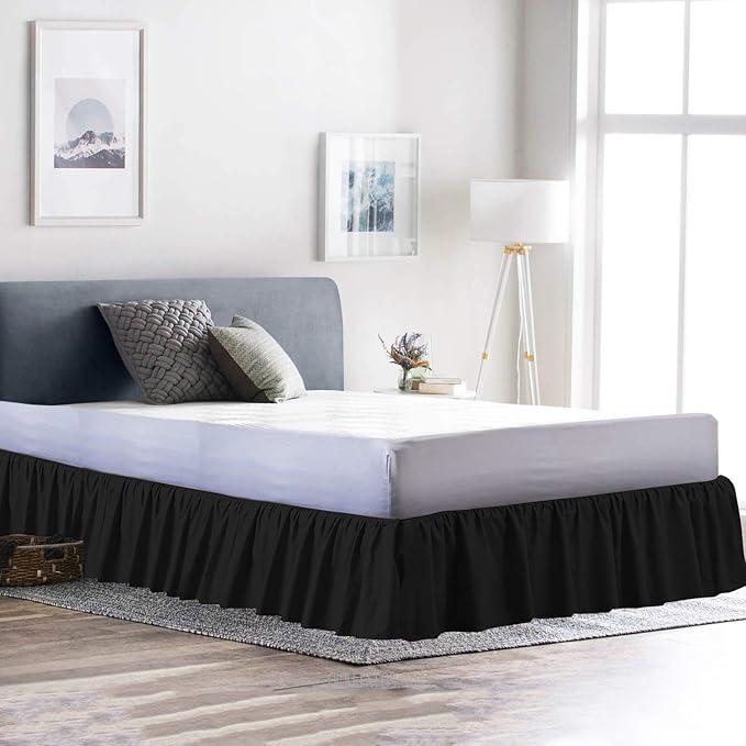 Bed Skirt - Ruffled Bed Skirt (Olympic Queen, Black) 12 Inch Drop Dust Ruffle with Platform, 100% Cotton 800 Thread Count Fabric - Dust Ruffle Bedskirt for Easy Fitting and Easy Care