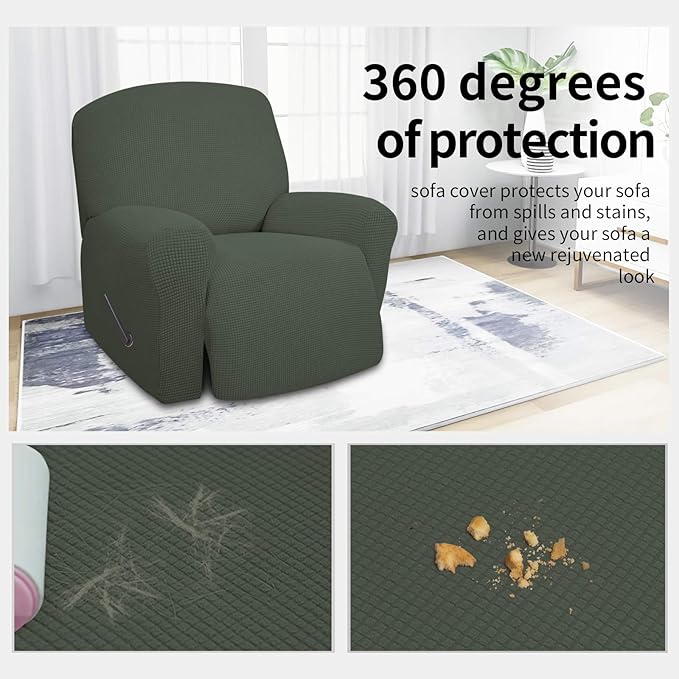Easy-Going 4 Pieces Oversized Recliner Stretch Sofa Slipcover Sofa Cover Furniture Protector Couch Soft with Elastic Bottom Polyester Spandex Jacquard Fabric Small Checks Olive Green X-Large