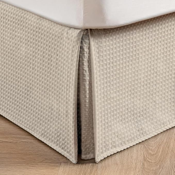 MIYE Pleated Waffle Weave Bed Skirt, Tailored Dust Ruffle 14 Inch Drop Easy Fit, Machine Washable,No Split Corners (Beige, TwinXL - 14" Drop)