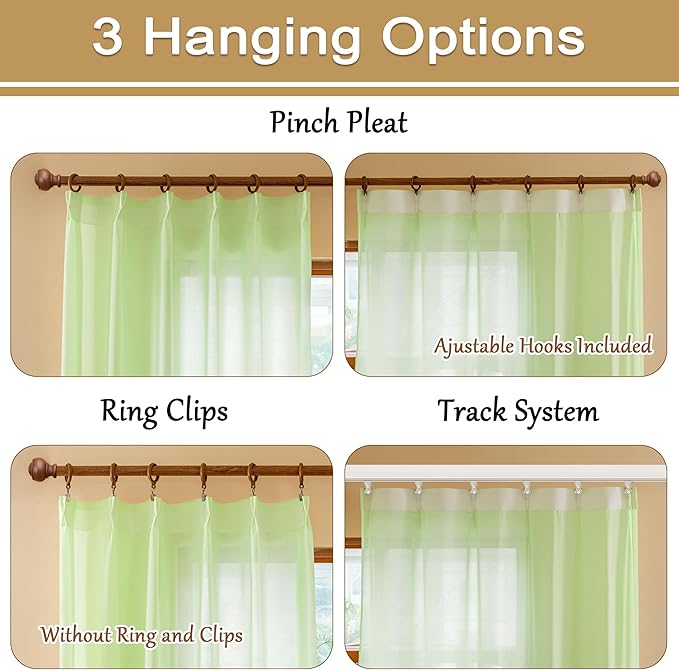 Green Pinch Pleat Sheer Curtains 96 Inches Long for Bedroom Soft Touch Lightweight Light Filtering 96 Inch Length Pleated Drapes with Ajustable Hooks for Living Room, Reed Green, 42"W x 96"L, 2 Panels
