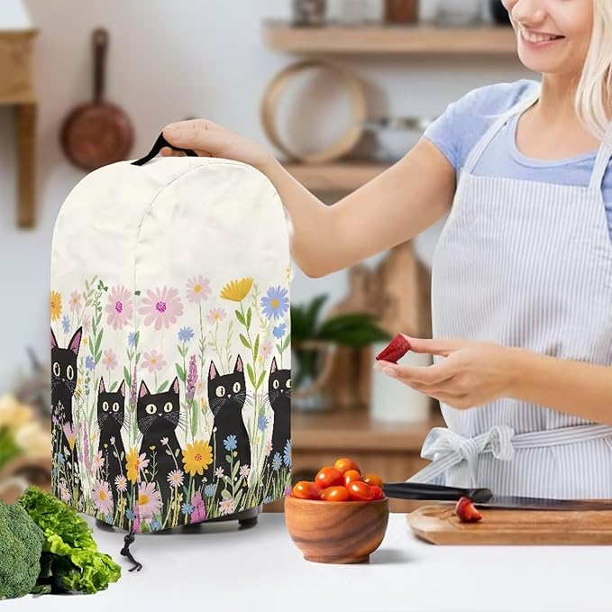 Flowers Black Cats Blender Cover Dust Cover Appliance Dust Cover for Small Food Processor Coffee Maker Juice Maker, Easy Clean