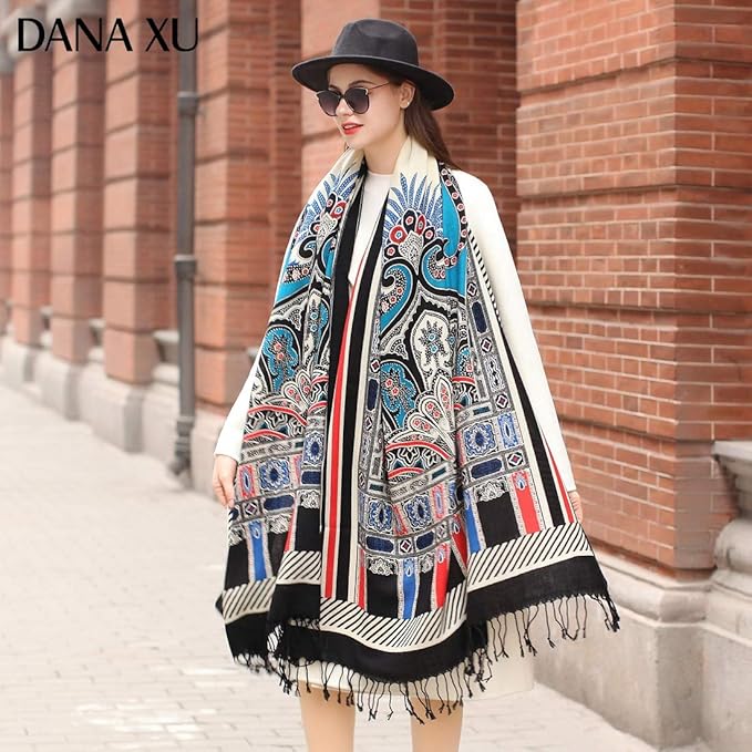 DANA XU 100% Merino Wool Pashmina Shawl for Women 96"x43", Oversized Cashmere Wrap with Tassels, Floral Travel Blanket Cape