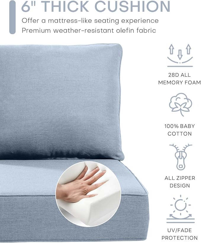 Luxury 24x24x6 Inch Outdoor Deep Seat Cushions Set of 6 - Comfortable Patio Zipper Chair Cushion for Outside Wicker Dining Rocking Swivel Chairs Loveseat Couch Sectional Sofa - Baby Blue