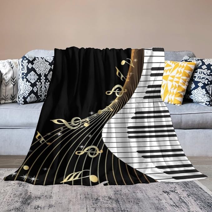 Music Note Blanket Black White Piano Keys Gold Music Note Soft Cozy Lightweight Throw Blanket for Kids Girls Boys Bedroom Living Room Dorm Chair Sofa Travel 70x80in