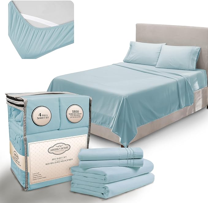 Full Size Bed Sheets Cooling - Luxury Hotel Sheet Set - Soft Sheet with Elastic Corner Strap - Deep Pocket Microfiber Bedsheet - Bedding Sheet & Pillowcases - 4 PC (Full Size, Light Blue)