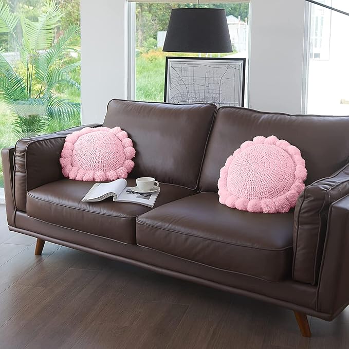 Boho Round Throw Pillow with Cute Handmade Pom Poms Tassels 18 Inch, Decorative Circular Knitted Crochet Cushion for Couch, Sofa, Chair, Bed, Pink