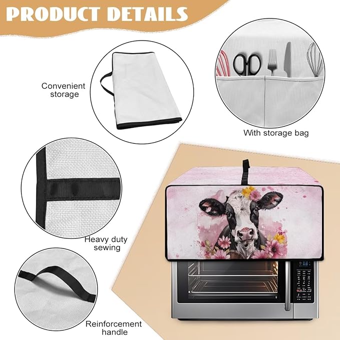 Air Fryer Toaster Oven Dust Cover Washable Fabric Convection Oven Protector with Storage Pockets, S, 14.5 x 18.5 x 9 Inches, Cow Pink Flower Pattern