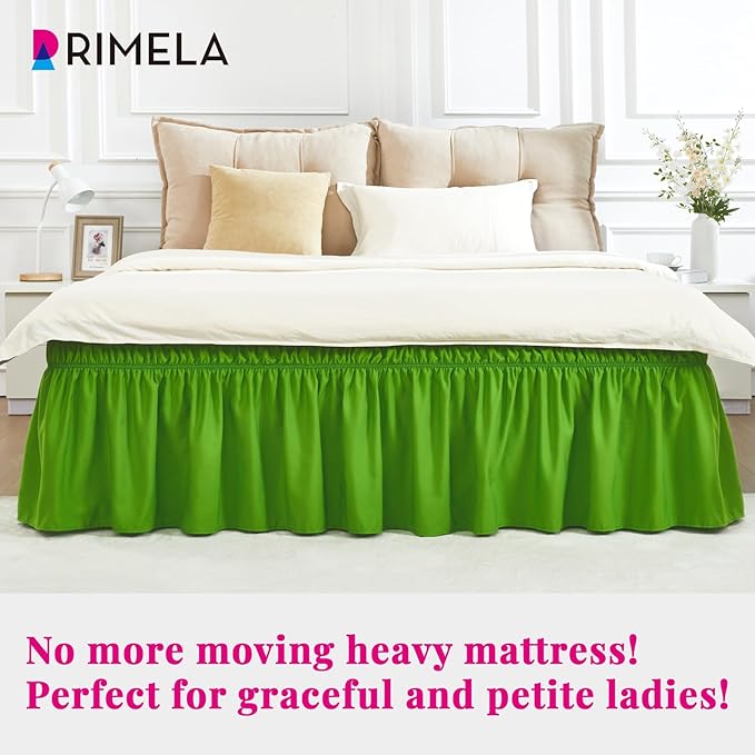 RIMELA Green Bed Skirt Queen Size 18 Inch Drop, Elastic Bed Skirting for Bed Base and Frame, Bedding Dust Ruffle Easy to Install, Lightweight Wrap Around Adjustable Bedskirt