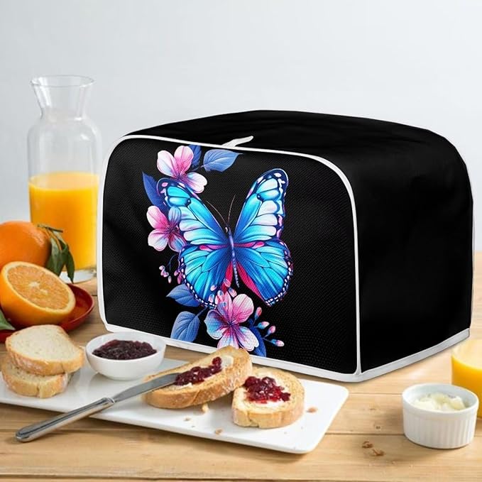 ZFRXIGN Blue Butterfly Toaster Cover 4 Slice Wide Slot Small Appliance Covers Machine Washable Kitchen Decor Accessories Toaster Oven Cover Flower Butterfly Toaster Covers Black