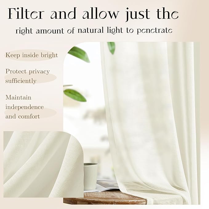 Dreaming Casa Ivory Sheer Curtains 96 Inches Long, Rod Pocket & Back Tab Light Filtering Textured Sheers for Living Room Bedroom, 2 Panels, Each 100" W x 96" L