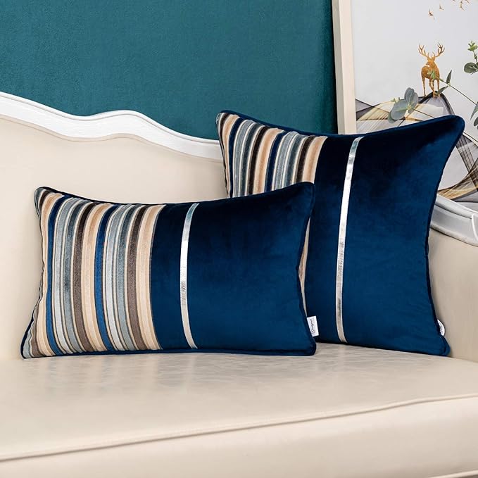 Yangest Navy Blue Striped Patchwork Throw Pillow Cover Gold Leather Cushion Cover Zippered Rectangular Pillowcase for Sofa Couch Bedroom Living Room Home Decoration, 12x20 Inch