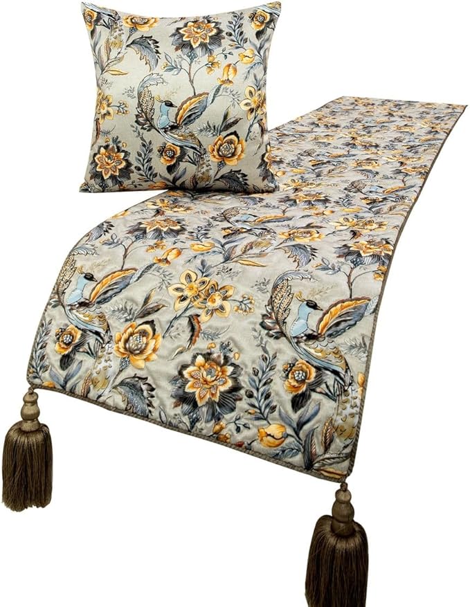 The HomeCentric King/Queen/Twin Grey & Yellow Decorative Twin 53"x18" Bed Runner with 2 Pillow Cover, Peacock, Quilted & Tassels Bed Scarf on Satin Fabric - Peacock Swag