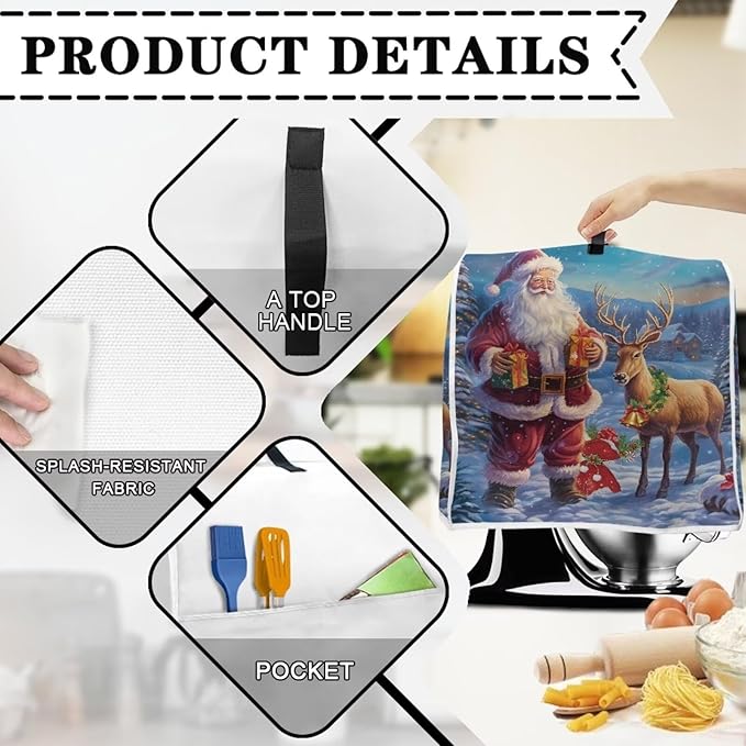 Christmas Stand Mixer Cover for Kitchen Aid 6-8 Qt Mixer, Santa Claus Elk Small Appliance Dust Covers Universal for Air Fryers, Coffee Makers, Christmas Kitchen Decor