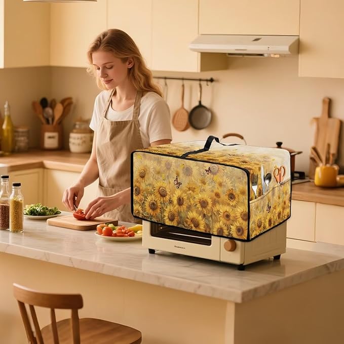Microwave Oven Cover Dustproof Air Fryer Toaster Oven Protector with Storage Pockets, Stain-resistant Small Appliance Cover for Kitchen Decor, S, Sunflower Butterfly
