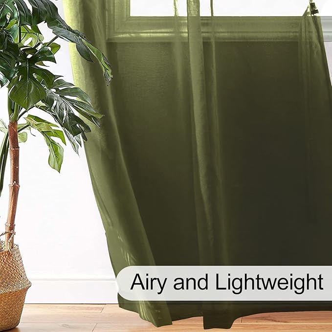 XWZO Sheer Curtains 84 Inches Length 2 Panels for Bedroom, Grommet Light Filtering Semi Transparent Voile Window Curtains for Living Room, Basement with Tiebacks, Olive Green, 52 x 84 Inches Long