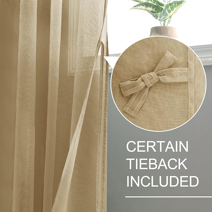 XWZO Sheer Curtains for Bedroom, Grommet Airy & Lightweight Light Filtering Faux Linen Window Curtains for Living Room, Kids' Room, Office with Tiebacks, Camel, W52 x L54, Set of 2 Soft Panels