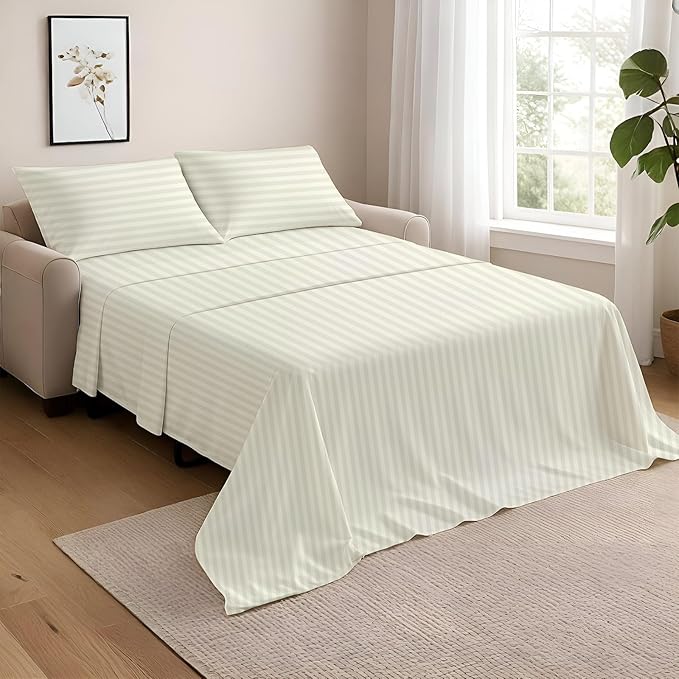 NON Sticky cotton Twin Size Sleeper Sofa Sheets, 4 Piece Egyptian Cotton Bed Sheet Set for Sofa Bed, 7" Deep Pocket for Pull Out Couch Mattress, 39" x 75", Ivory Stripe, Soft & Breathable