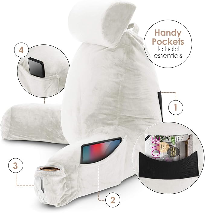 Nestl Reading Pillow with Shredded Memory Foam Includes 2 Neck and Lumber Support Pillows, Designed for Sitting Up in Bed and Couch, Back and Arms Adjustable Support for Adult & Teens, White