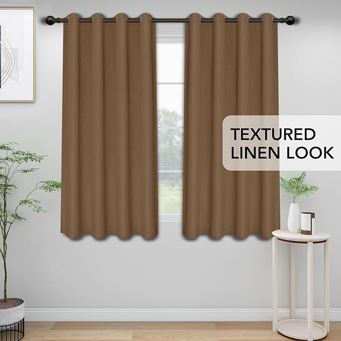 Easy-Going Linen Look Blackout Curtain Grommet Window Curtain Drapes for Bedroom, Living Room Thermal Insulated Room Darkening (2 Panels, 52x63 inch, Brown)