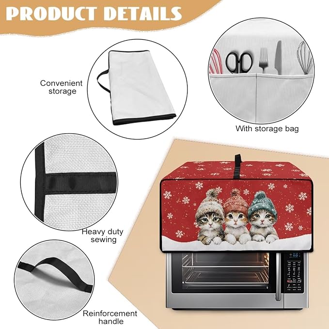 Toaster Oven Cover Dustproof Protective Countertop Convection Oven Cover with Side Pockets for Christmas Holiday Decorations, L, 18.5 x 22.5 x 13 Inches, Cat Snowflake Red