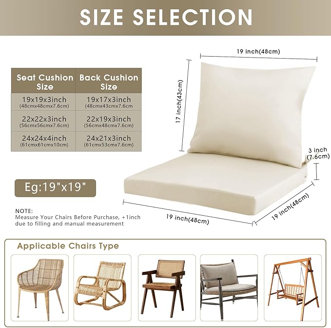 Outdoor Seat Cushion Set 19 x 19 In, Water-Resistant & Fade-Resistan, Patio Furniture Cushions with Removable Cover Deep Seat & Back Cushion with Handle and Adjustable Straps for Chair Sofa,1PC