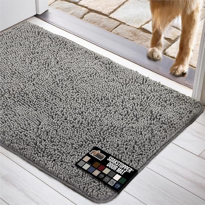 GORILLA GRIP SOAKSTOPPER Dog Door Mat, 48x30 Machine Washable Rug Absorbent Doormat Captures Moisture Mud Dirt, Quick Dry Soft Chenille Entryway Rugs Indoor Entrance Mats for Dog Paws, Gray