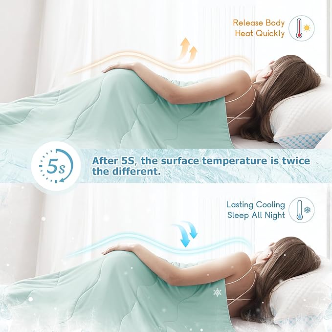 EASELAND Cooling Comforter Queen, Cold Touch Fabric Absorbs Body Heat, Double-Sided Cool Design Soft Fluffy Cooling Blanket for Night Sweats Hot Sleeper (Green, Queen(90"x90"))